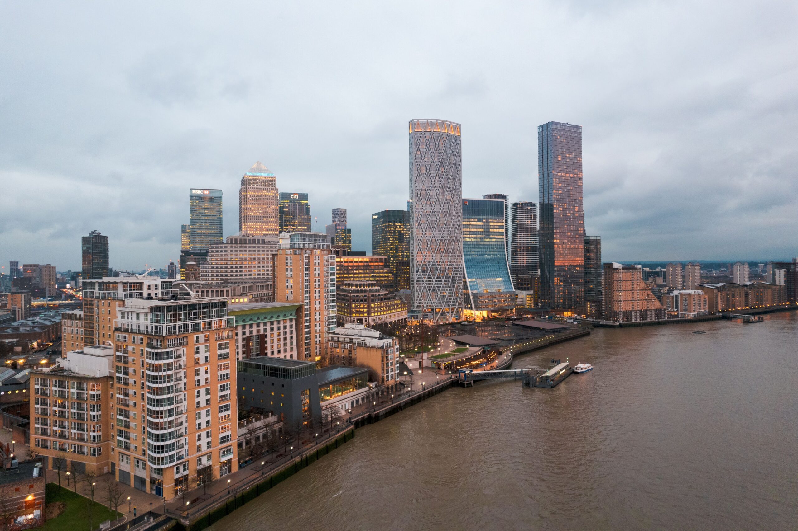 Canary Wharf financial district in London seen from above in daylight